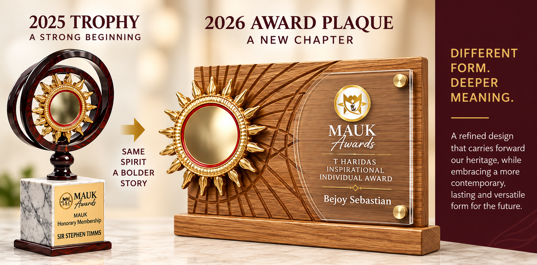 The evolution of the MAUK Awards from the 2025 trophy to the 2026 award plaque
